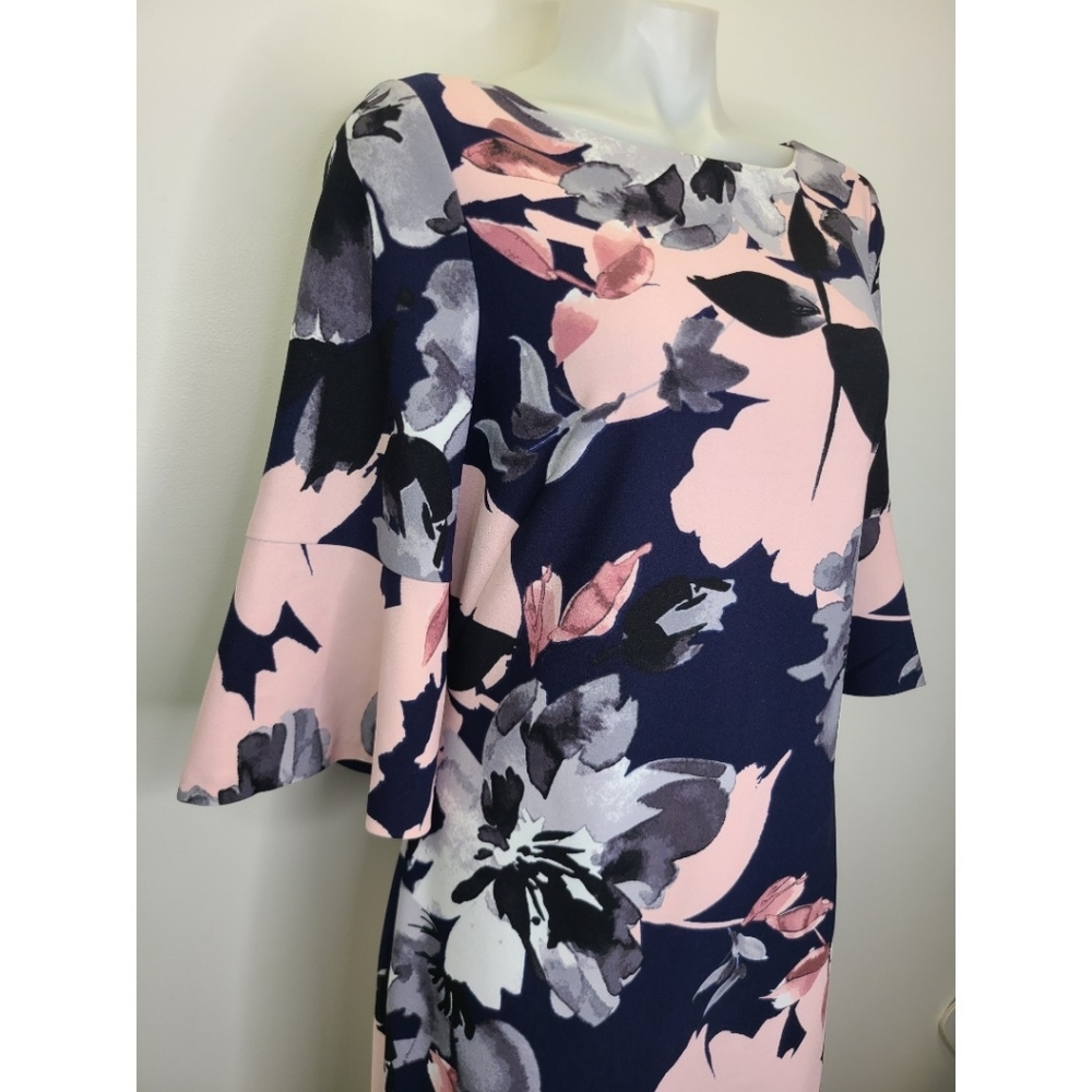 Vince Camuto Navy Blue and Pink Floral Print Bell Sleeve Spring Summer Dress 10 - Picture 6 of 15